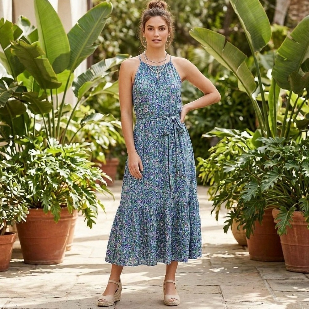 Banana Republic Maxi Dress Womens Small Green Floral Halter Tiered Boho Summer